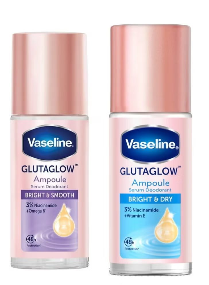 Vaseline GlutaGlow Ampoule Serum Deodorant Set – Bright & Dry 45ml + Bright & Smooth 45ml (Pack of 2) – Underarm Whitening, Skin Softening & 48H Protection