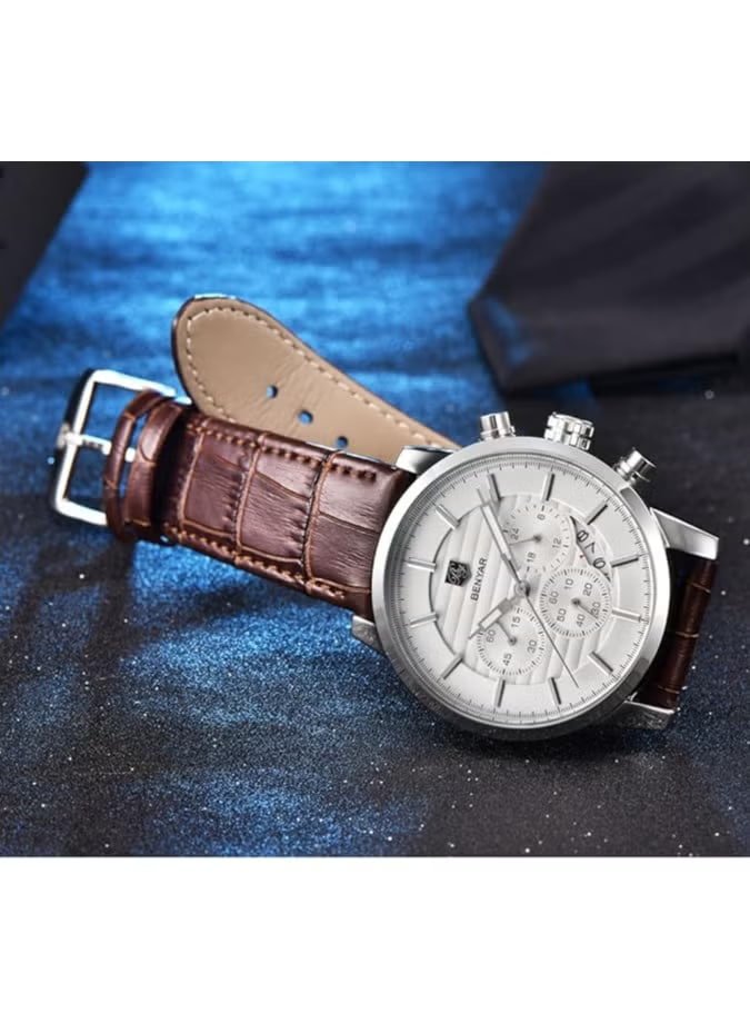BENYAR Mens Watches Multifunction Chronograph Date Quartz Watch for Men Brown Leather Band Analog Wrist Watch Gift for Men Casual Business