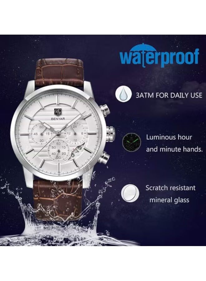 BENYAR Mens Watches Multifunction Chronograph Date Quartz Watch for Men Brown Leather Band Analog Wrist Watch Gift for Men Casual Business