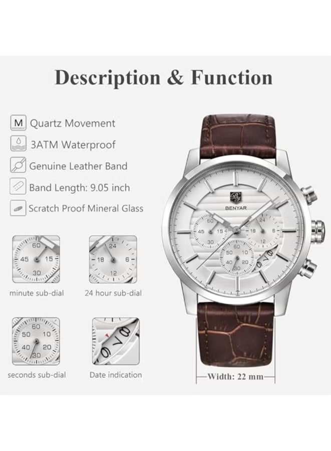 BENYAR Mens Watches Multifunction Chronograph Date Quartz Watch for Men Brown Leather Band Analog Wrist Watch Gift for Men Casual Business