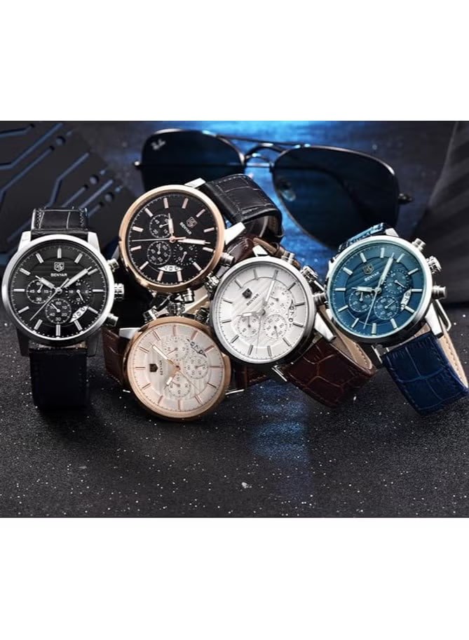 BENYAR Mens Watches Multifunction Chronograph Date Quartz Watch for Men Brown Leather Band Analog Wrist Watch Gift for Men Casual Business