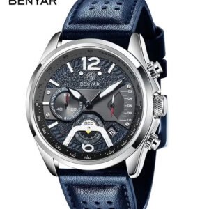 BENYAR Men’s Chronograph Waterproof Sports Watches, Leather Strap, Date Function, Quartz Movement, Black
