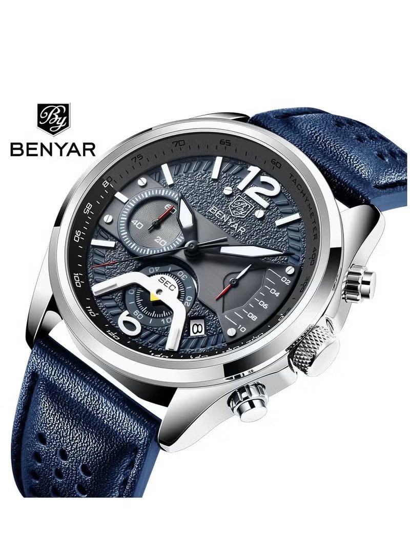 BENYAR Men's Chronograph Waterproof Sports Watches, Leather Strap, Date Function, Quartz Movement, Black