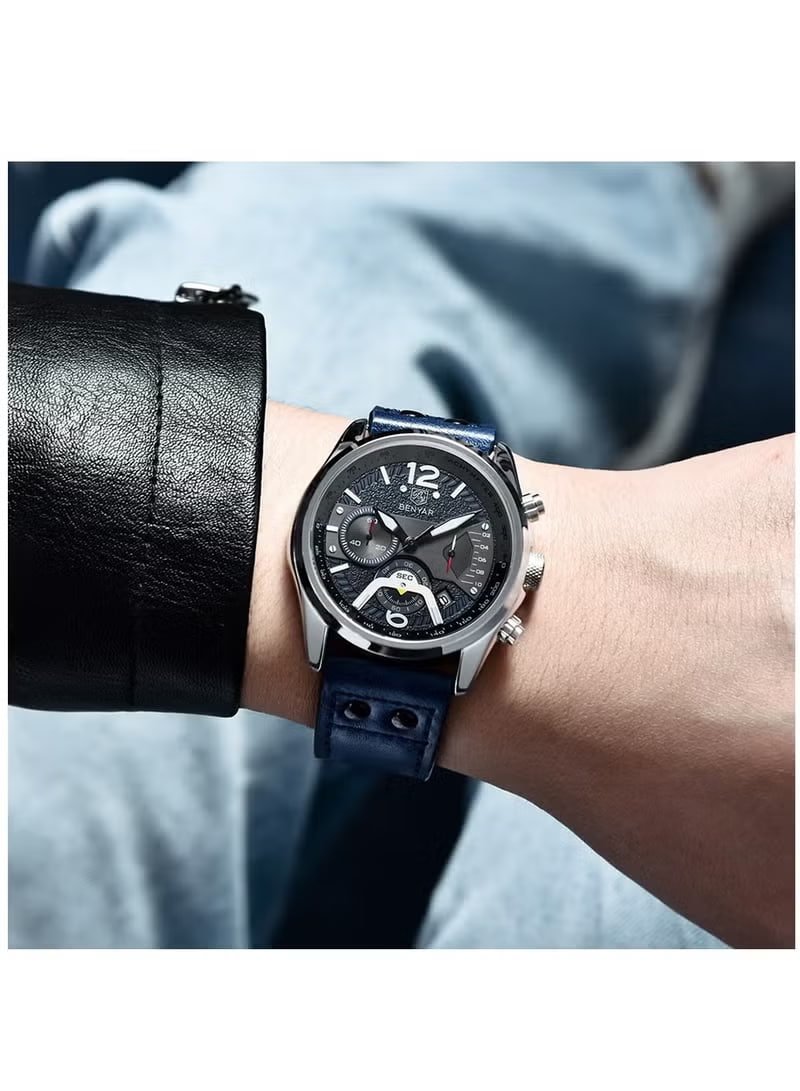 BENYAR Men's Chronograph Waterproof Sports Watches, Leather Strap, Date Function, Quartz Movement, Black
