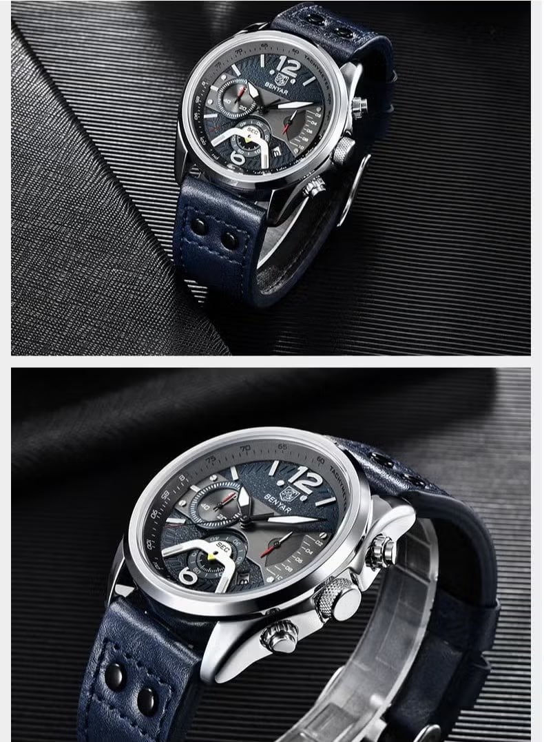 BENYAR Men's Chronograph Waterproof Sports Watches, Leather Strap, Date Function, Quartz Movement, Black